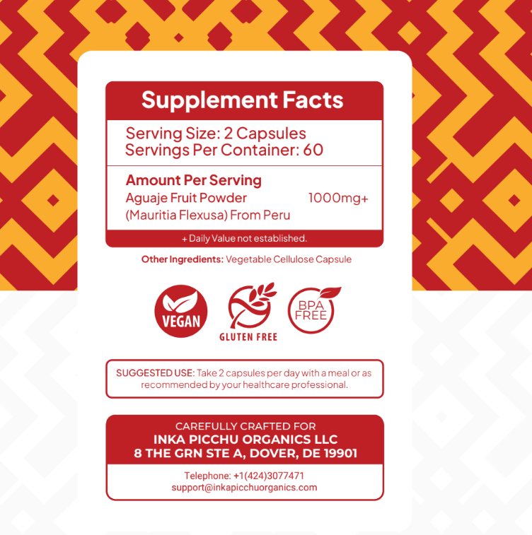 inka picchu premium aguaje – 1000 mg natural support for women’s energy & hormonal balance | vegan, non gmo | 120 caps